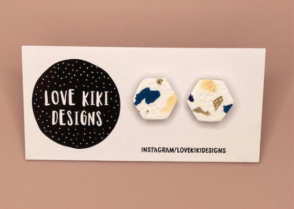 love kiki studs white, blue and gold terrazzo